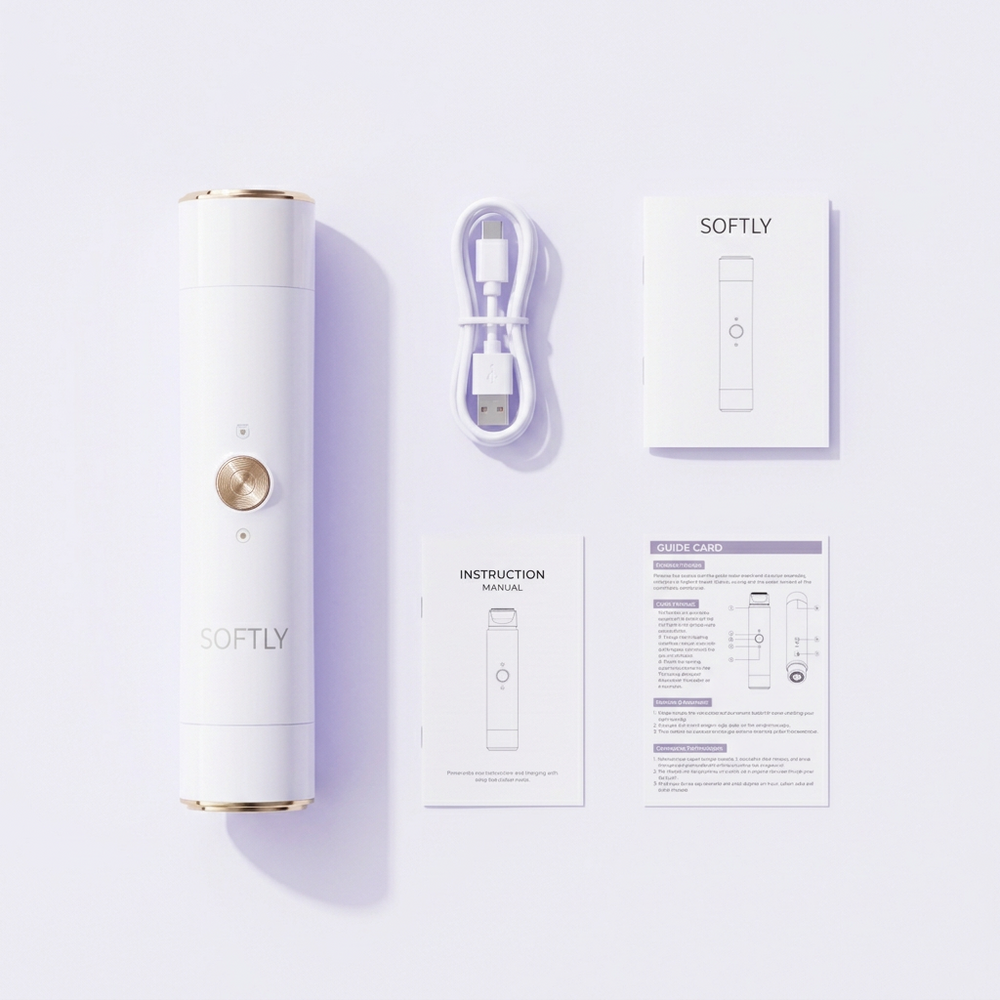 Softly device, USB-C cable, instruction manual and guide card laid out flat